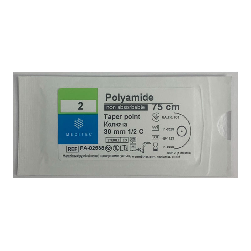 Матеріал шовний хірургічний, що не розсмоктується поліамід, USP 2 монофіламентний, синій, довжиною 75 см, Meditec®